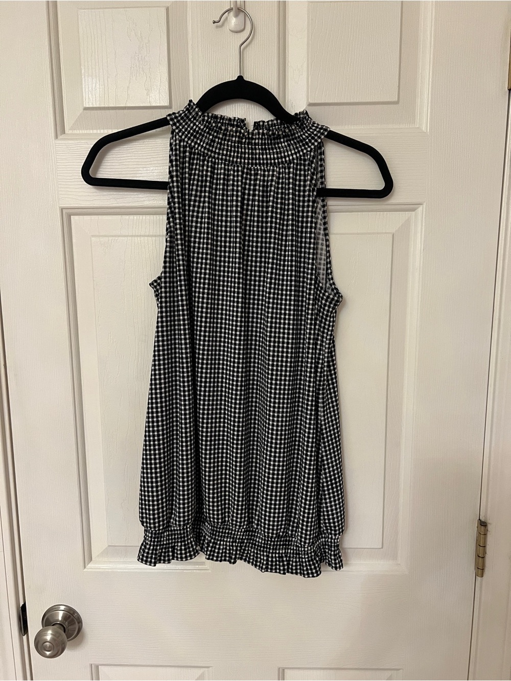 Adrianna Papell Black and White Gingham Smocked Neck Top